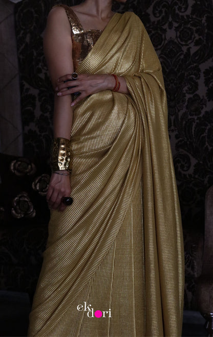 Gold Goddess : Micro Pleated Designer Saree : Metallic Gold Cocktail Saree