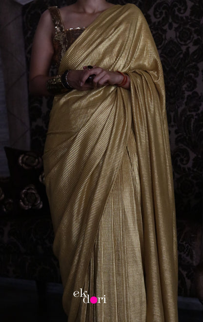 Gold Goddess : Micro Pleated Designer Saree : Metallic Gold Cocktail Saree