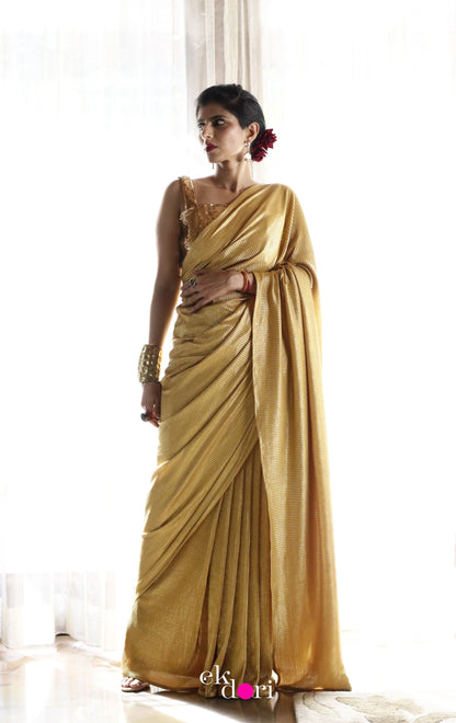 Gold Goddess : Micro Pleated Designer Saree : Metallic Gold Cocktail Saree