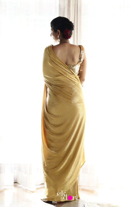 Gold Goddess : Micro Pleated Designer Saree : Metallic Gold Cocktail Saree