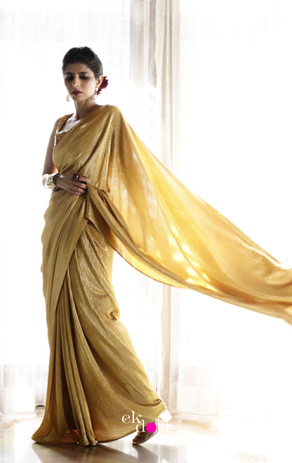 Gold Goddess : Micro Pleated Designer Saree : Metallic Gold Cocktail Saree