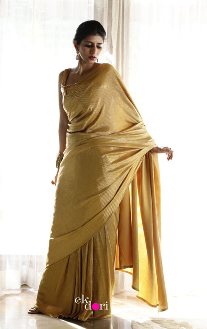 Gold Goddess : Micro Pleated Designer Saree : Metallic Gold Cocktail Saree