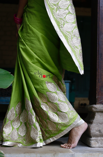 Gota Work Saree Online : 'Green Grass' Festive Gota Saree With Pink Blouse Piece