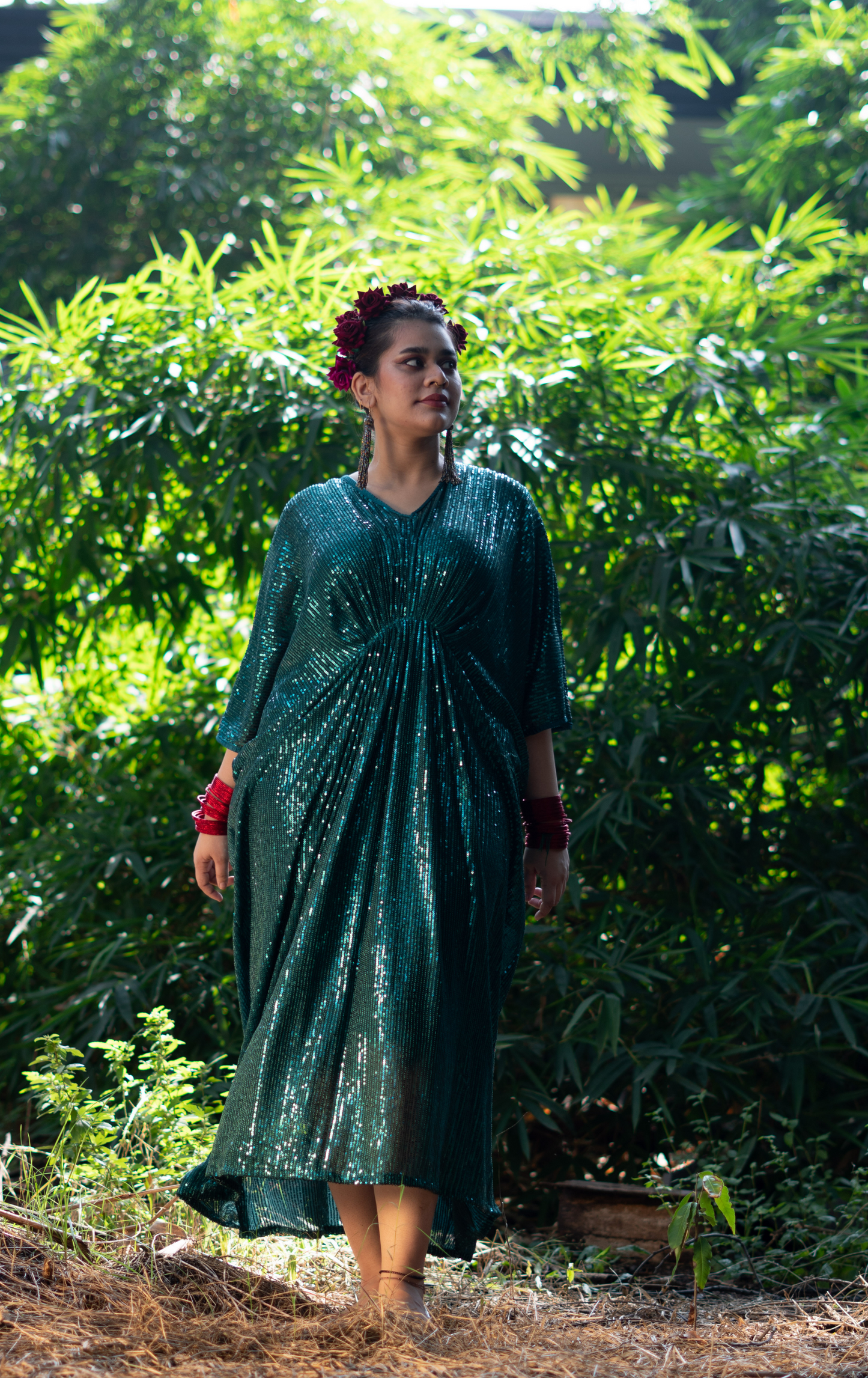 Naina Green Sequin Kaftan Dress : Festive Sequin Kaftan Dress