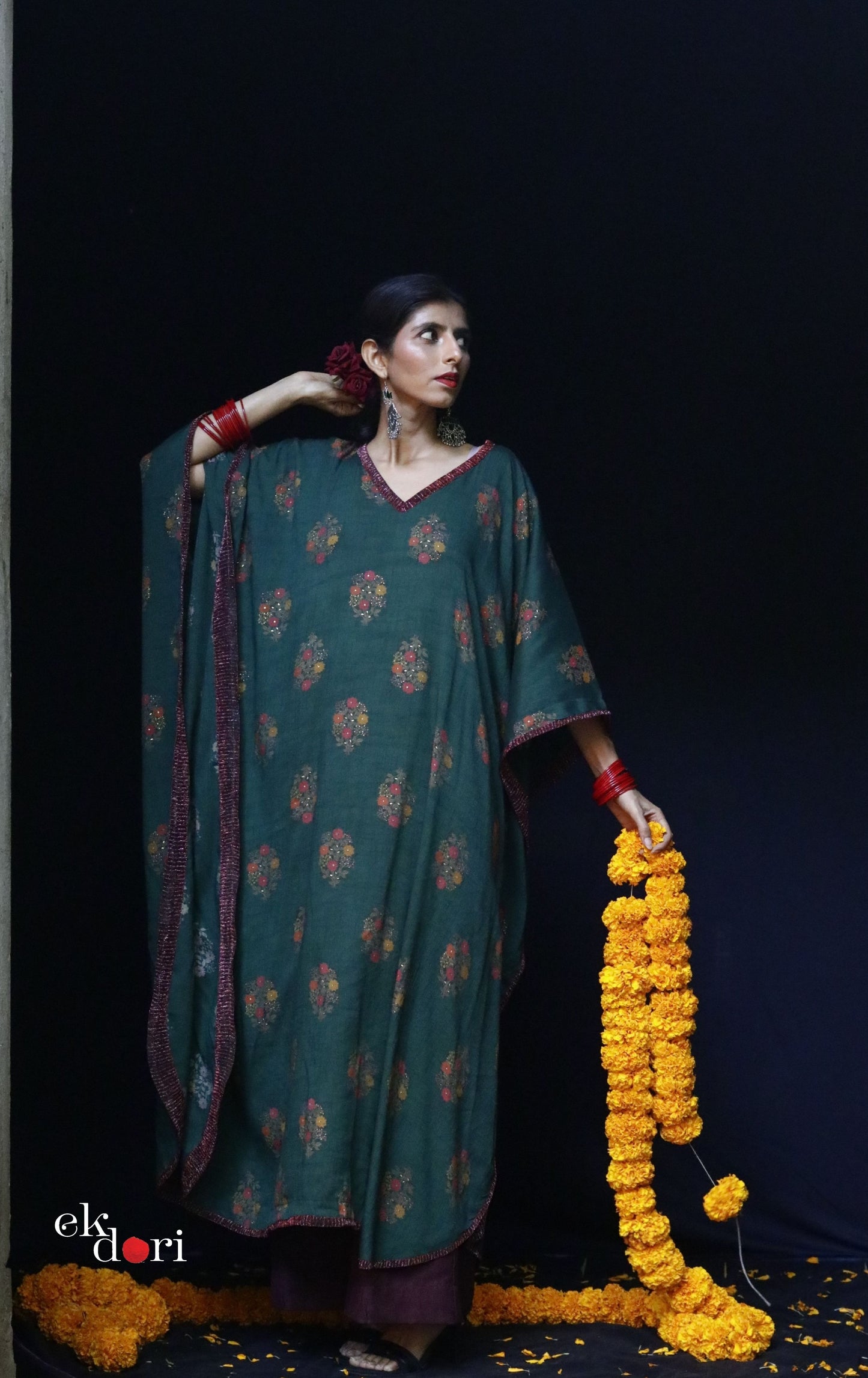 Bela Green Festive Cotton Kaftan Dress