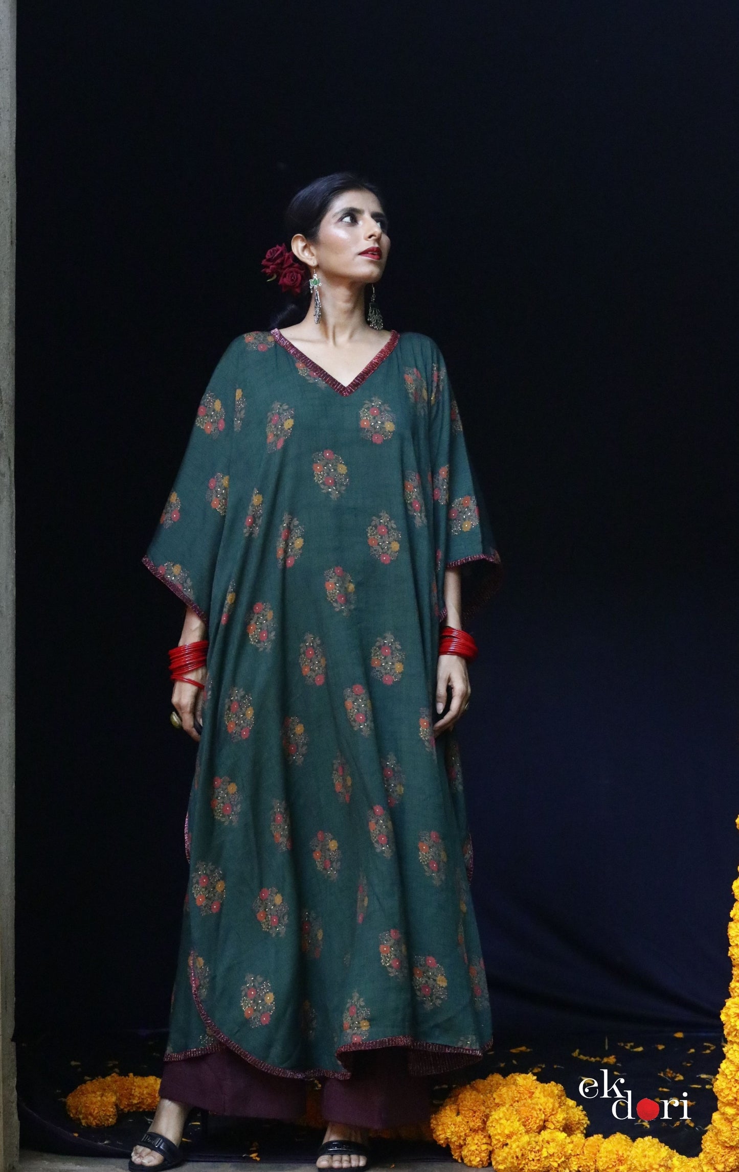 Bela Green Festive Cotton Kaftan Dress