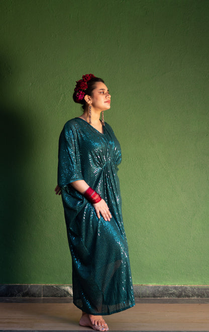 Naina Green Sequin Kaftan Dress : Festive Sequin Kaftan Dress