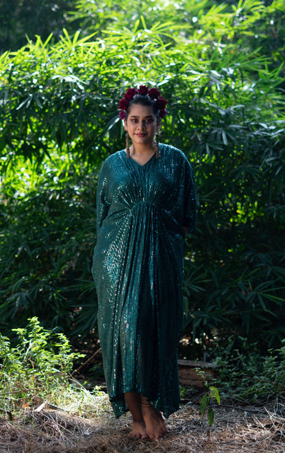 Naina Green Sequin Kaftan Dress : Festive Sequin Kaftan Dress