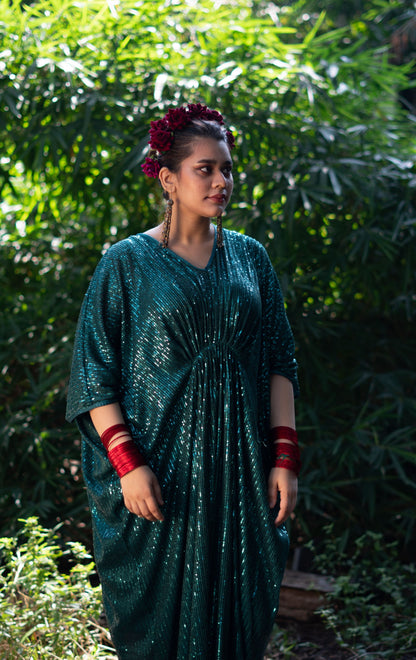 Naina Green Sequin Kaftan Dress : Festive Sequin Kaftan Dress