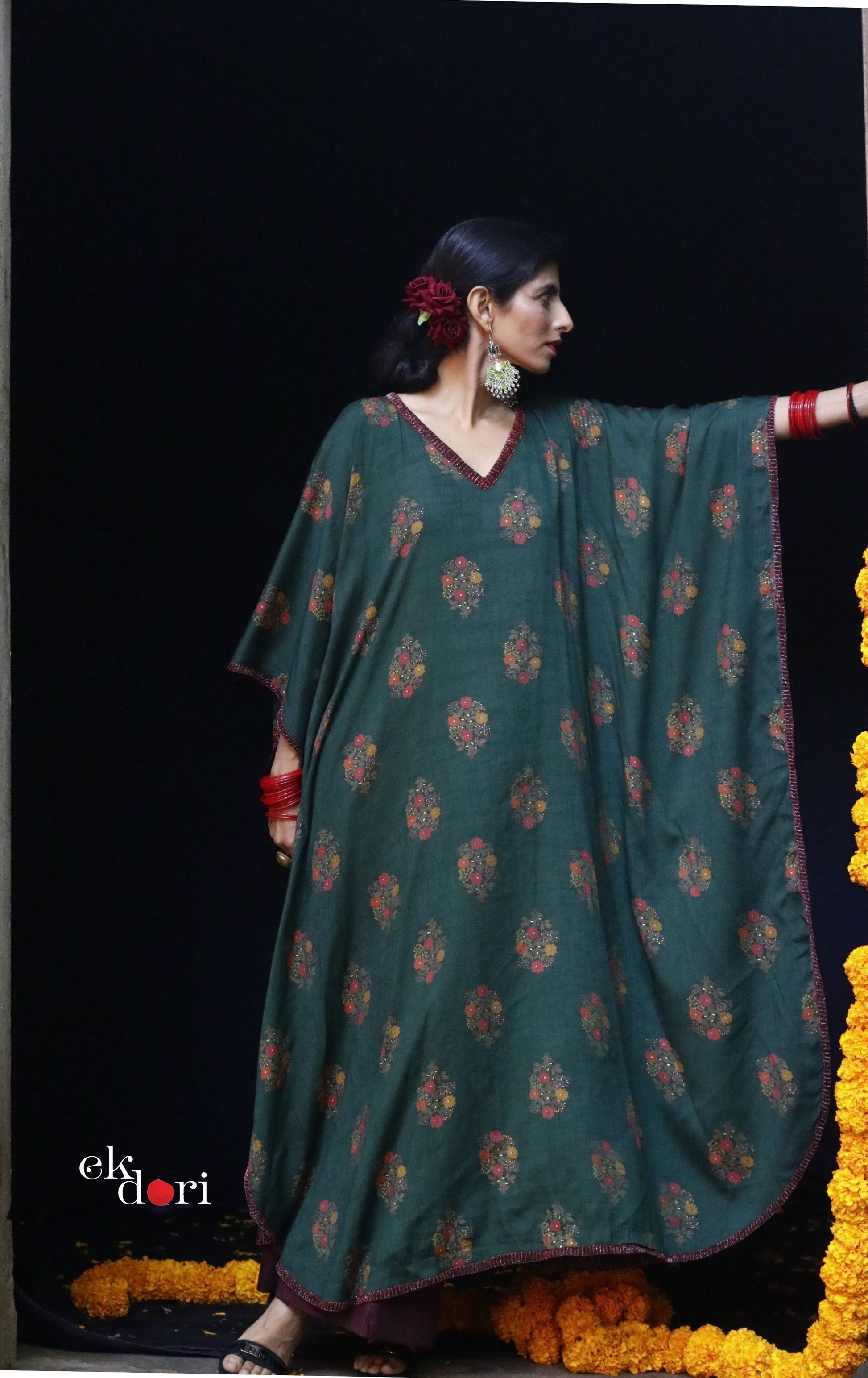 Bela Green Festive Cotton Kaftan Dress Ek Dori Bela Green Festive Cotton Kaftan Dress Ek Dori