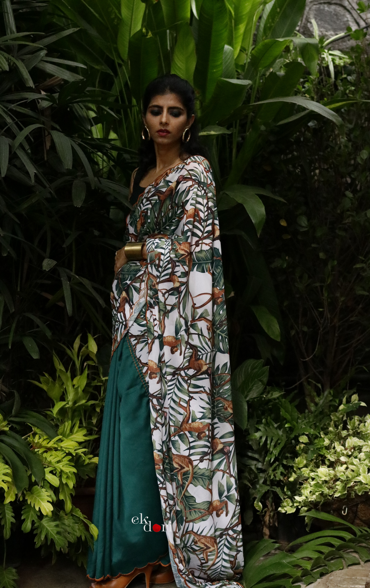 'Monkey Business' Tropical Print Georgette Statement Saree : Buy Cocktail Sarees Online