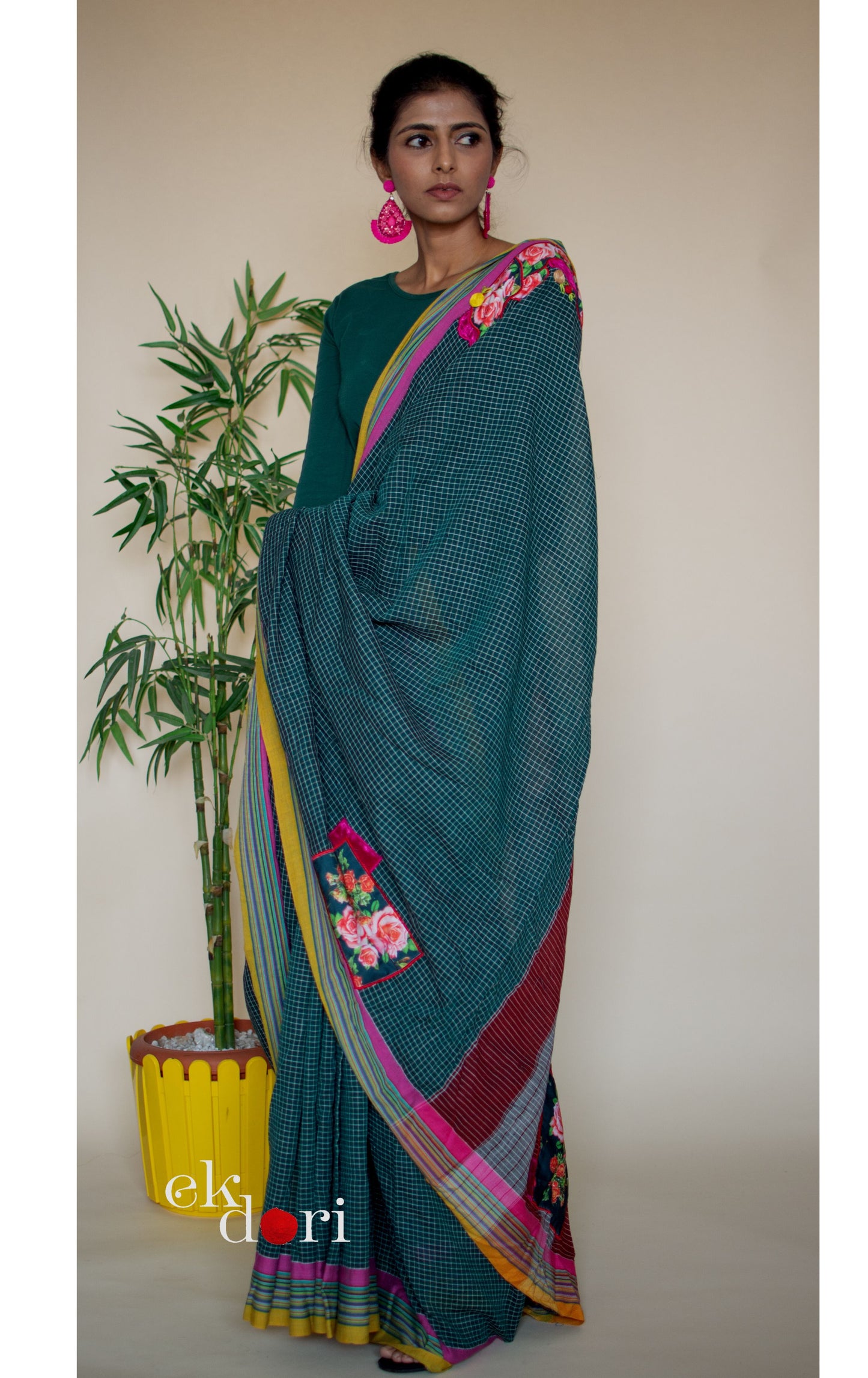 'Rainbow Over The Forest' Handloom Cotton Saree : Buy Handloom Cotton Statement Embroidered Saree