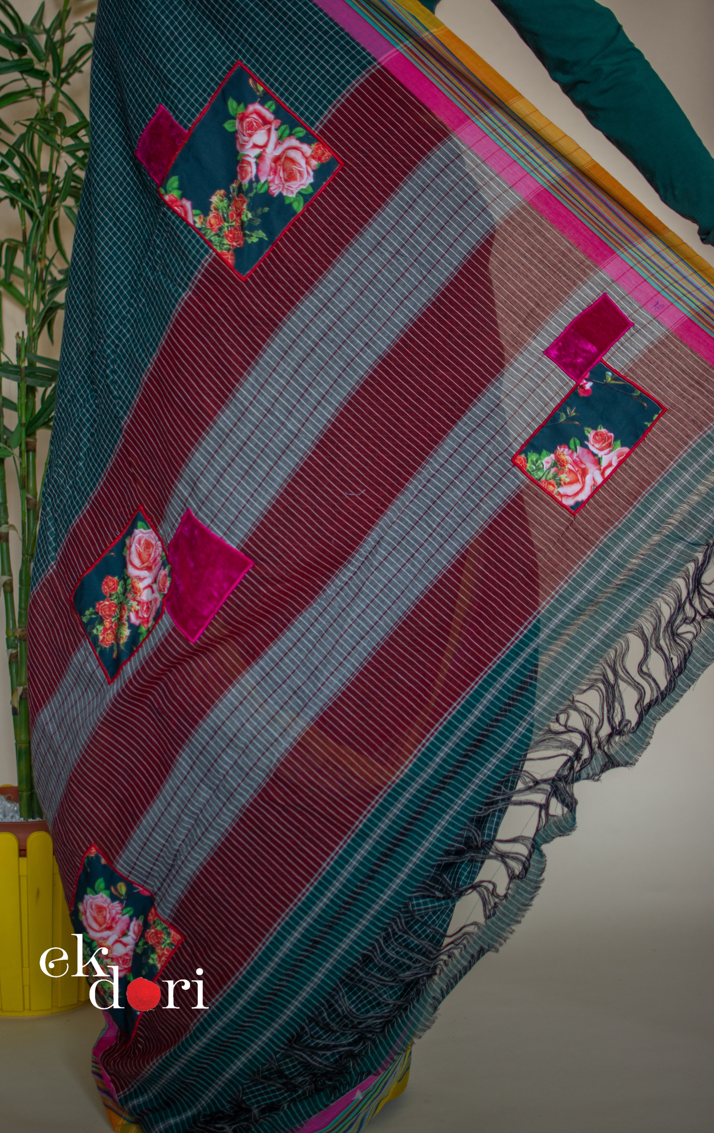 'Rainbow Over The Forest' Handloom Cotton Saree : Buy Handloom Cotton Statement Embroidered Saree