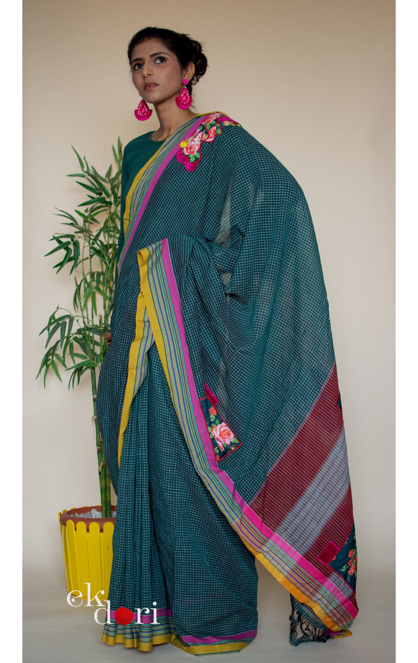 'Rainbow Over The Forest' Handloom Cotton Saree : Buy Handloom Cotton Statement Embroidered Saree