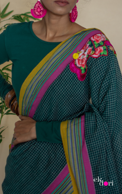 'Rainbow Over The Forest' Handloom Cotton Saree : Buy Handloom Cotton Statement Embroidered Saree