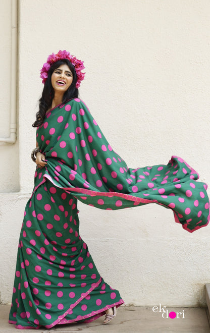 Pink Green Polka Dot Saree : Fun Under The Sun Saree Collection : Fun Printed Sarees For Summer