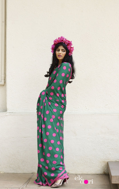 Pink Green Polka Dot Saree : Fun Under The Sun Saree Collection : Fun Printed Sarees For Summer