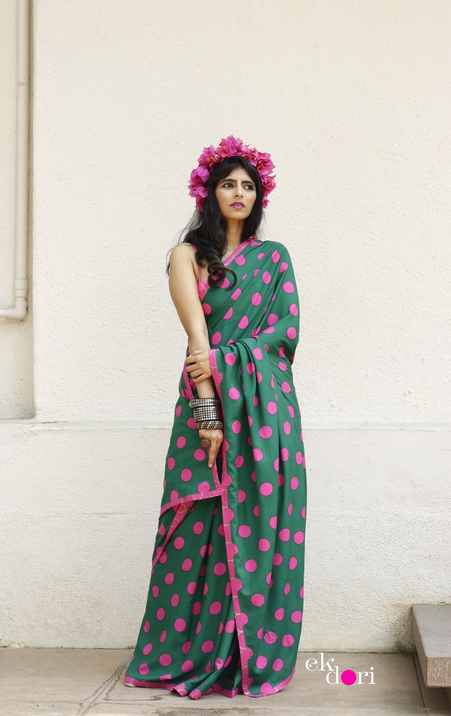 Pink Green Polka Dot Saree : Fun Under The Sun Saree Collection : Fun Printed Sarees For Summer