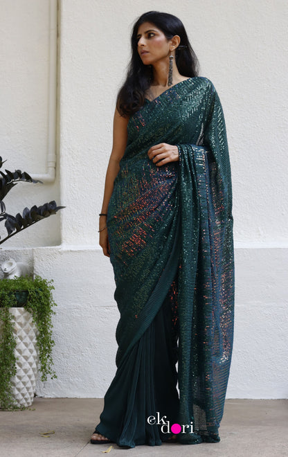 'Rainforest' Statement Sequin Saree : Bling It On Festive Cocktail Saree Collection