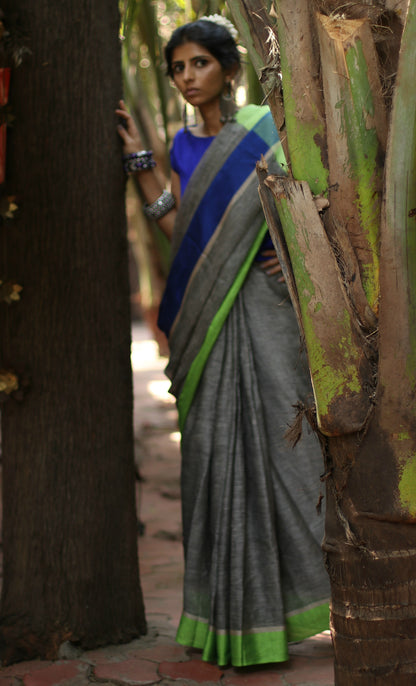 Buy Grey Linen Saree : Moonlit Night Grey Pure Linen Saree