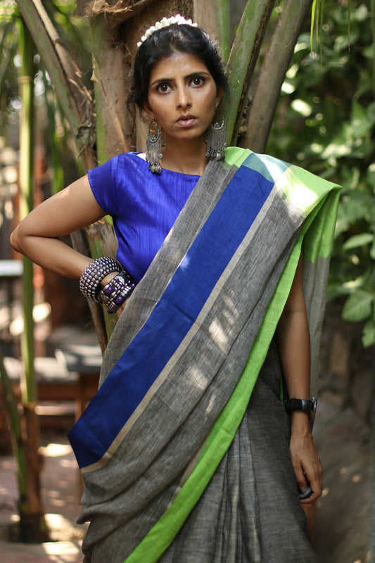 Buy Grey Linen Saree : Moonlit Night Grey Pure Linen Saree