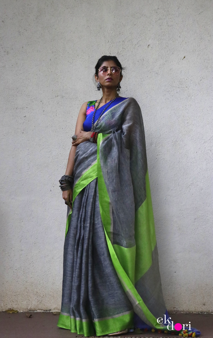 Buy Grey Linen Saree : Moonlit Night Grey Pure Linen Saree