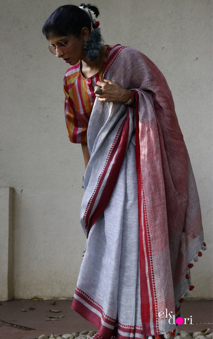 Buy Pure Linen Saree Online : Red On Grey Pure Linen Summer Saree