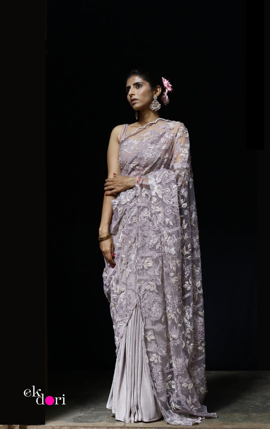 Mauve Magic Embroidered Cocktail Saree : Festive Evening Cocktail Saree Collection