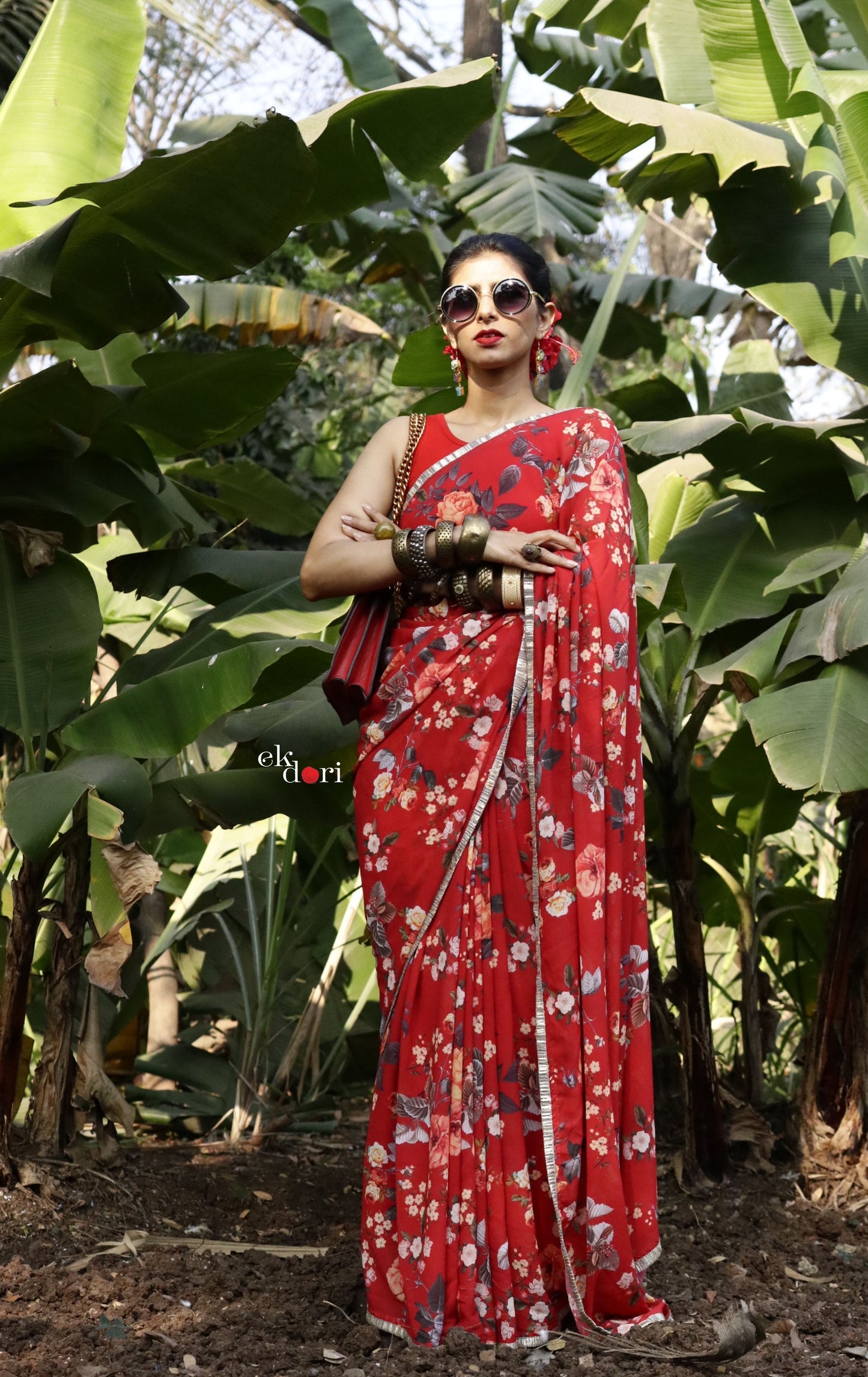 Summer Garden Red Floral Georgette Saree : Buy Statement Summer Floral Sarees Online