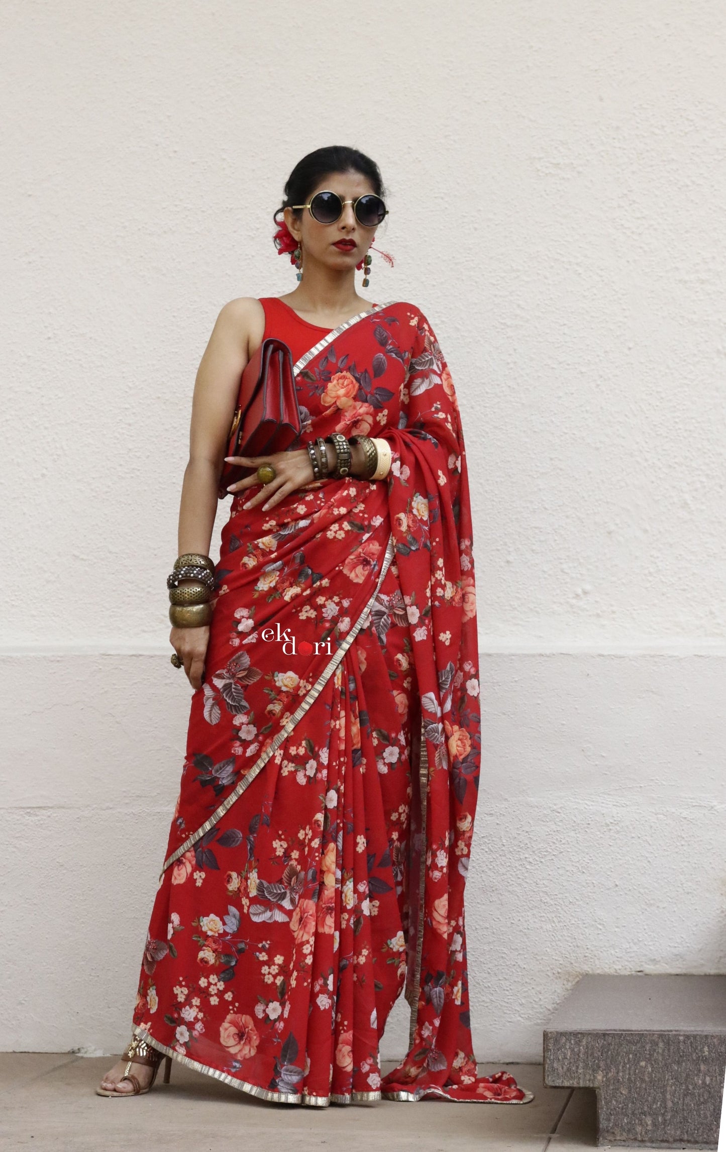 Summer Garden Red Floral Georgette Saree : Buy Statement Summer Floral Sarees Online