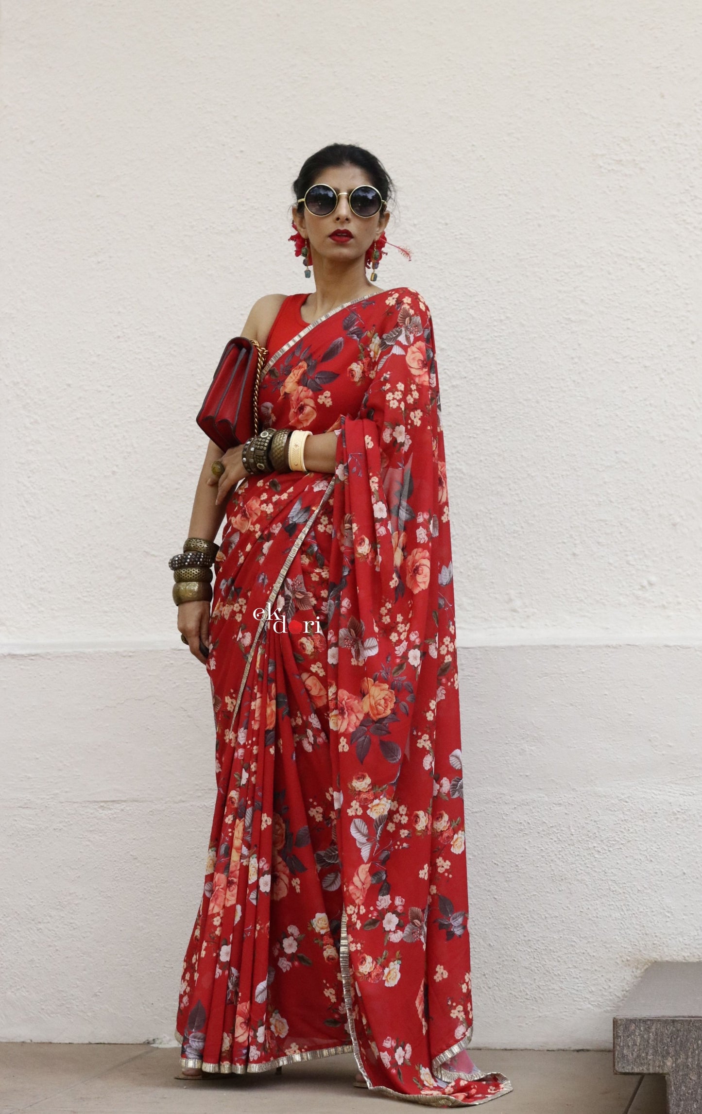 Summer Garden Red Floral Georgette Saree : Buy Statement Summer Floral Sarees Online