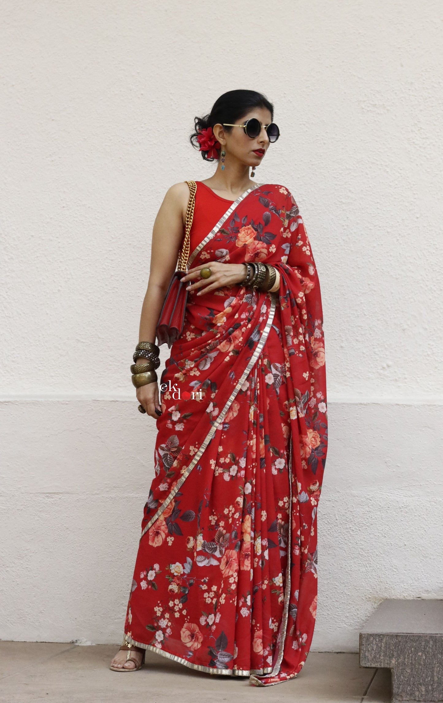 Summer Garden Red Floral Georgette Saree : Buy Statement Summer Floral Sarees Online