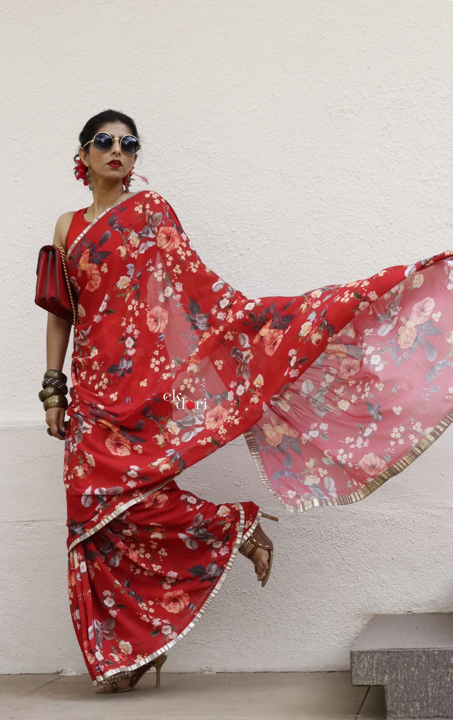 Summer Garden Red Floral Georgette Saree : Buy Statement Summer Floral Sarees Online