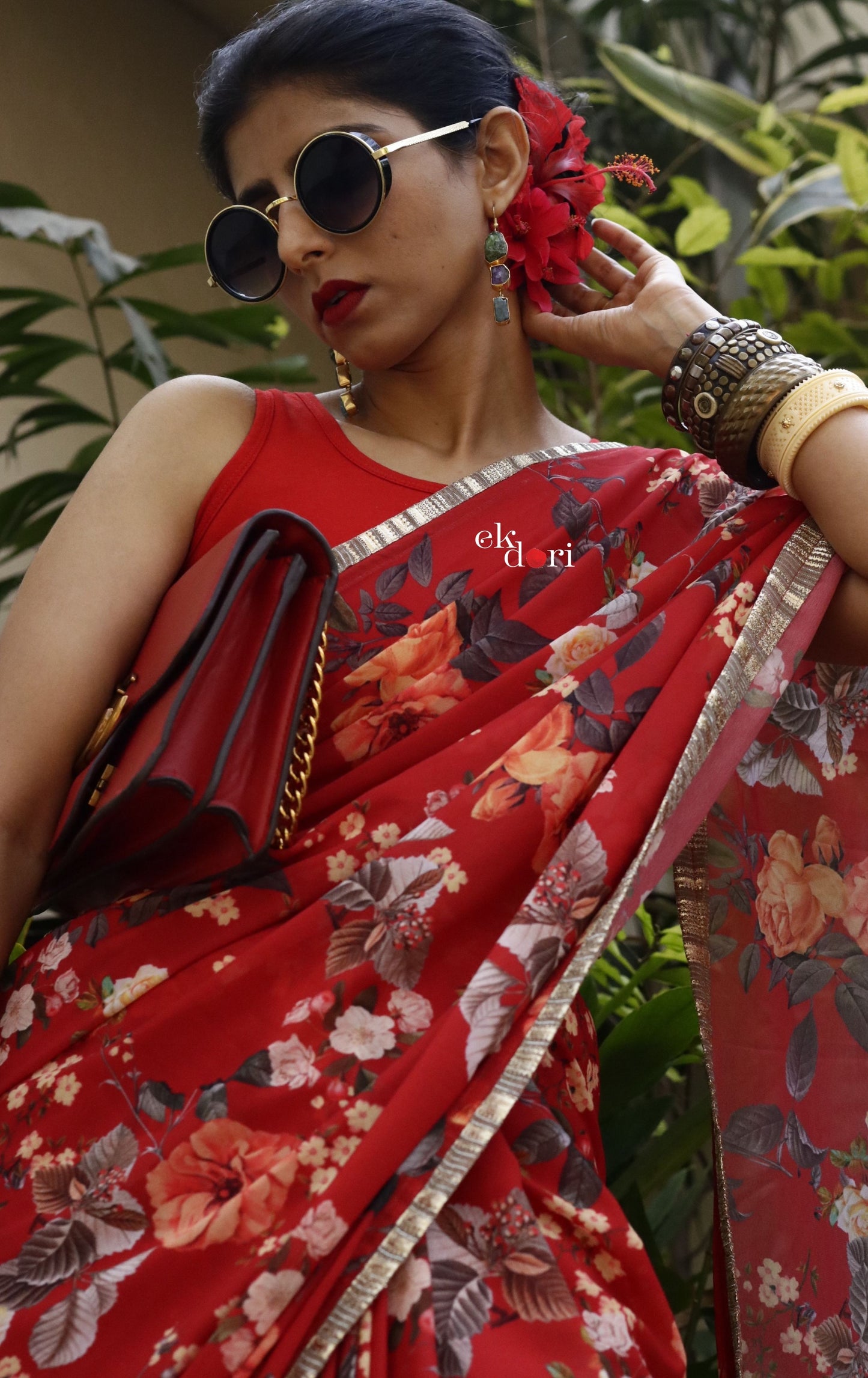 Summer Garden Red Floral Georgette Saree : Buy Statement Summer Floral Sarees Online