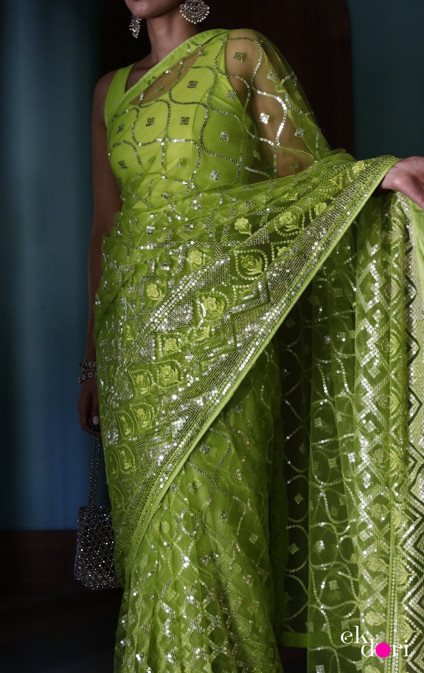 Buy Designer Net Saree : Green Goddess Festive Net Saree