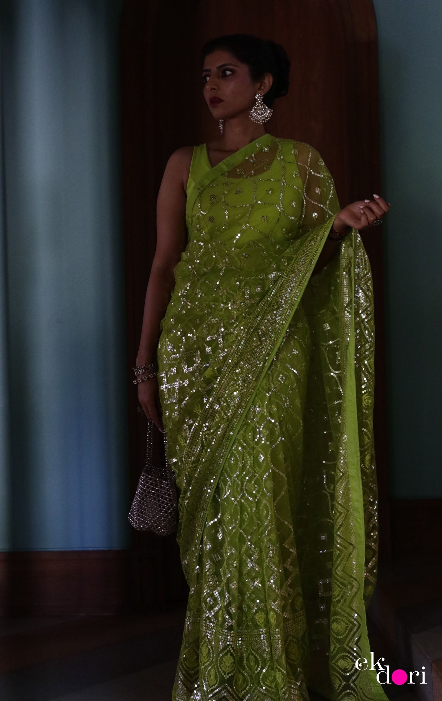 Buy Designer Net Saree : Green Goddess Festive Net Saree