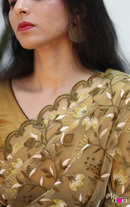 Buy Designer Net Saree : Olive Tree Floral Red Net Saree