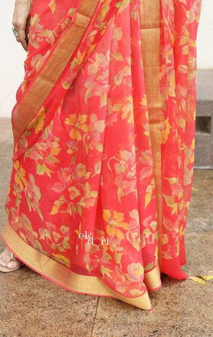 Buy Floral Chiffon Saree Online : 'Peaches & Oranges' Floral Semi Chiffon Saree With Zari Border