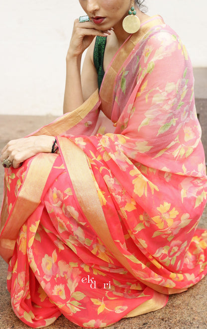 Buy Floral Chiffon Saree Online : 'Peaches & Oranges' Floral Semi Chiffon Saree With Zari Border