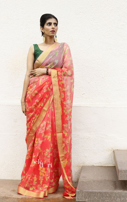 Buy Floral Chiffon Saree Online : 'Peaches & Oranges' Floral Semi Chiffon Saree With Zari Border