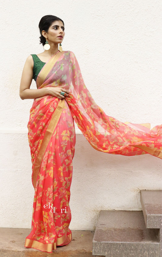 Buy Floral Chiffon Saree Online : 'Peaches & Oranges' Floral Semi Chiffon Saree With Zari Border