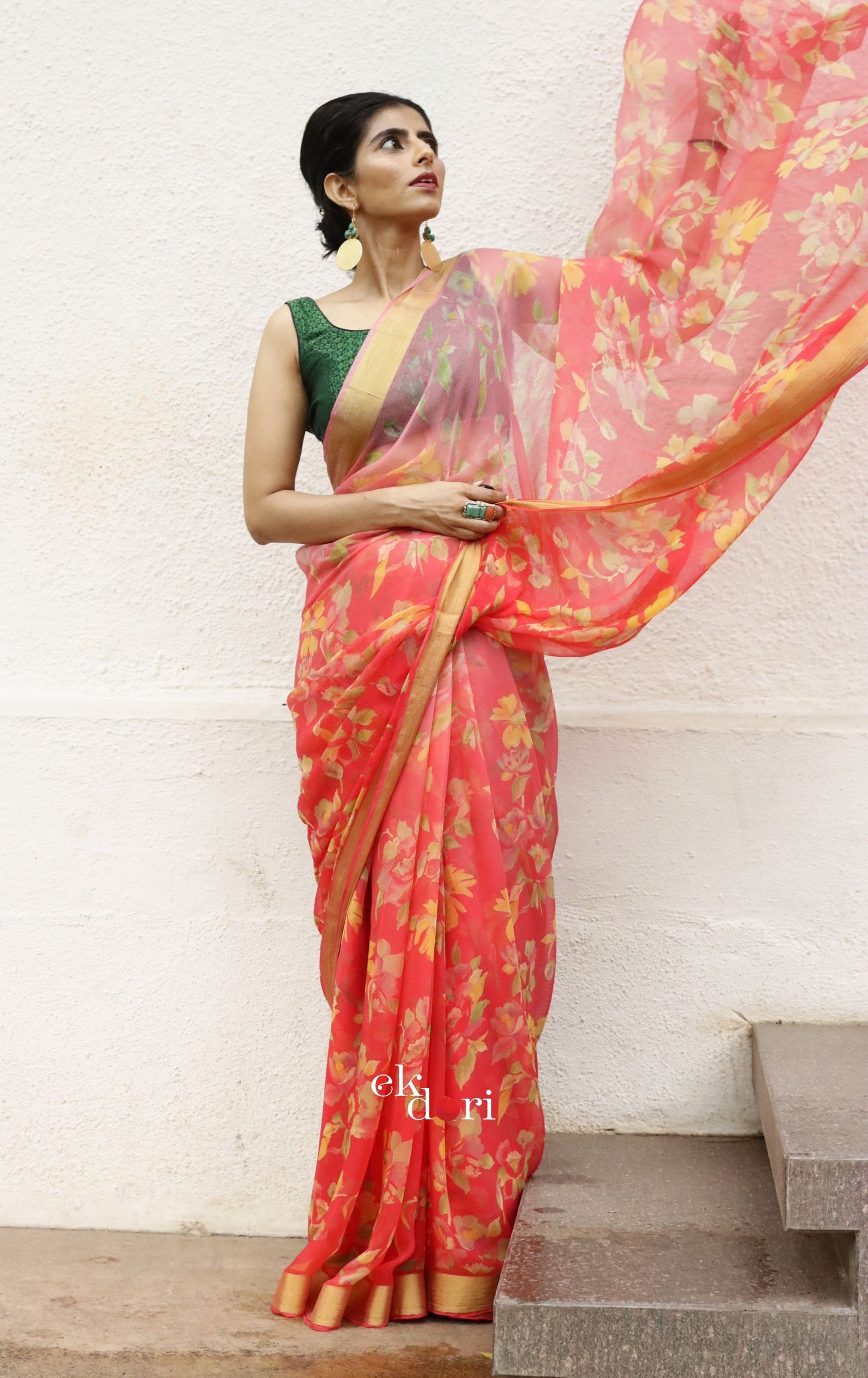 Buy Floral Chiffon Saree Online : 'Peaches & Oranges' Floral Semi Chiffon Saree With Zari Border