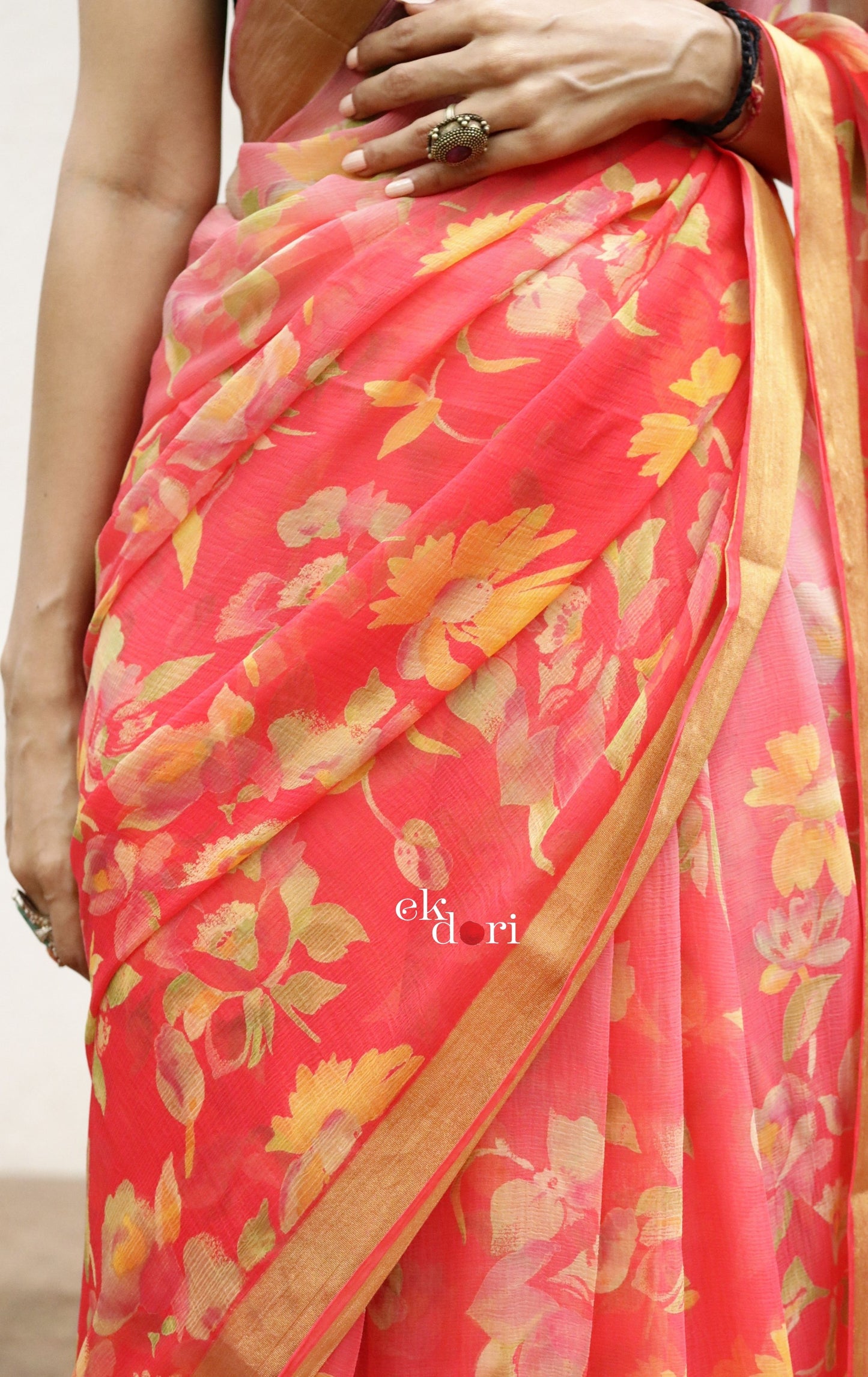 Buy Floral Chiffon Saree Online : 'Peaches & Oranges' Floral Semi Chiffon Saree With Zari Border