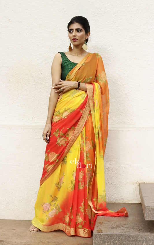 Buy Floral Chiffon Saree Online : 'Sunshine' Floral Semi Chiffon Saree With Zari Border