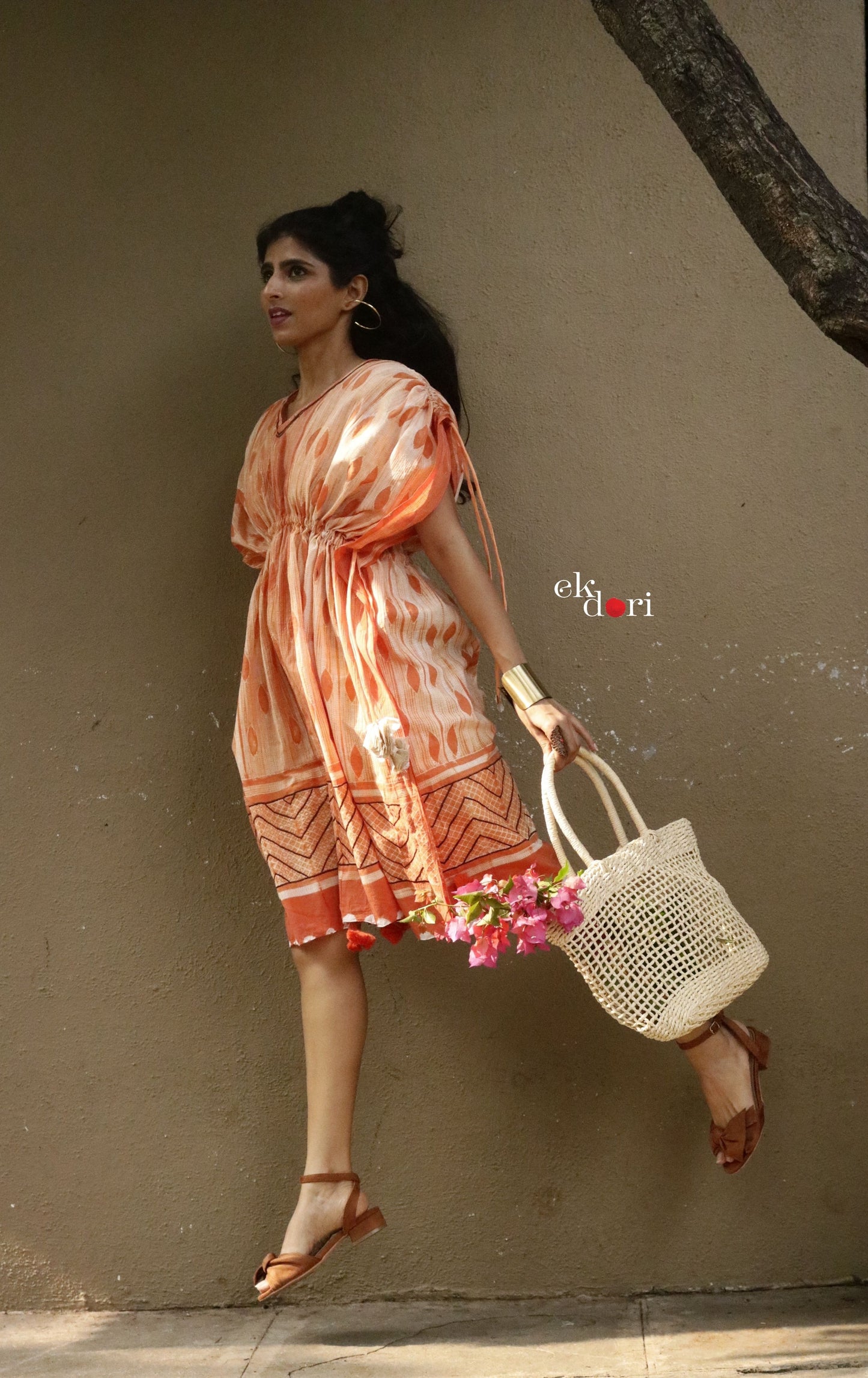 Anusha's Cotton Kaftan Dress : Orange Shibori Cotton Kaftan Kurta Dress