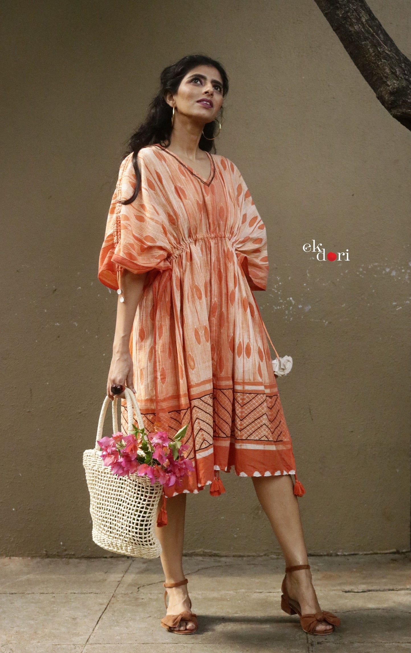 Anusha's Cotton Kaftan Dress : Orange Shibori Cotton Kaftan Kurta Dress