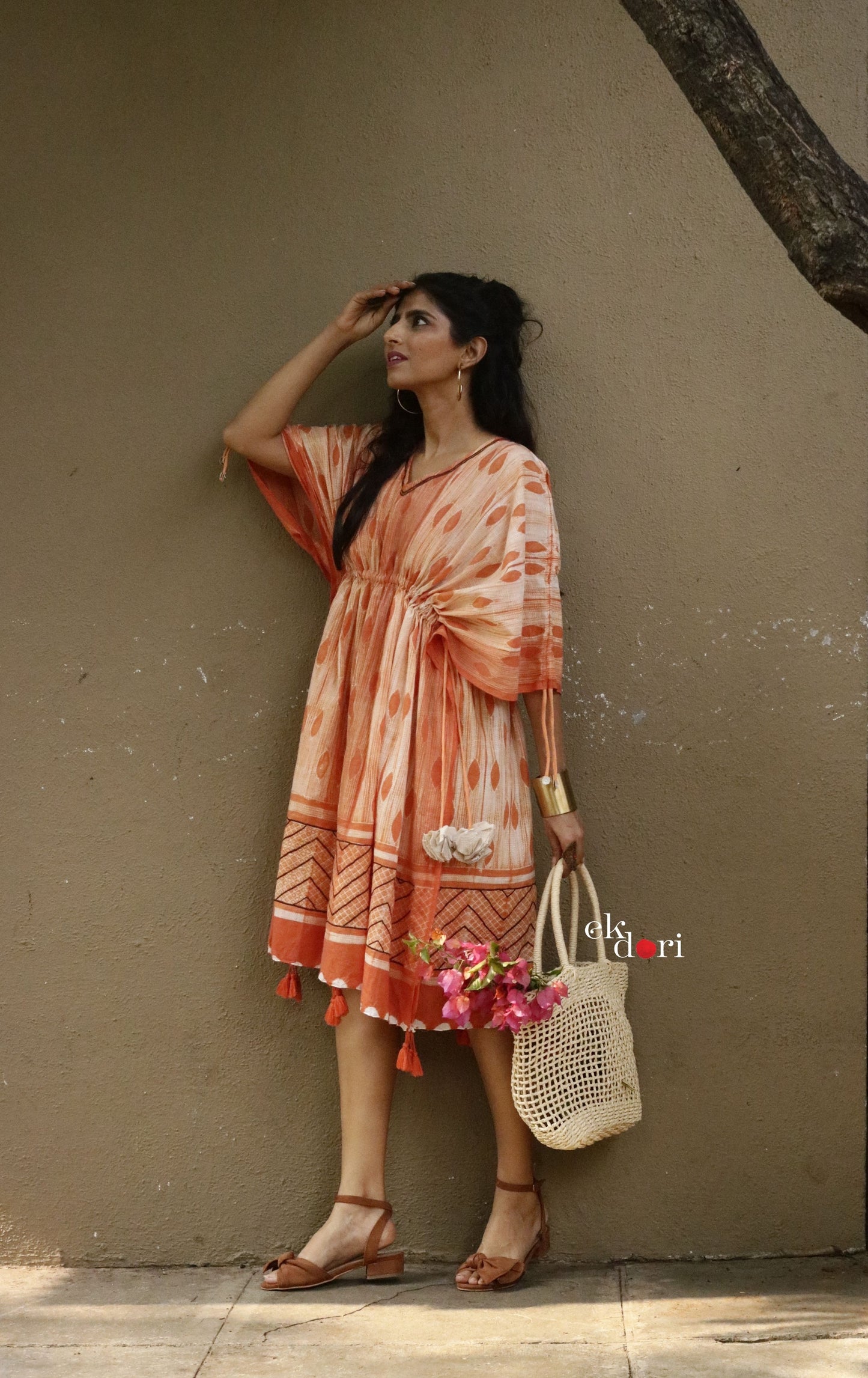 Anusha's Cotton Kaftan Dress : Orange Shibori Cotton Kaftan Kurta Dress