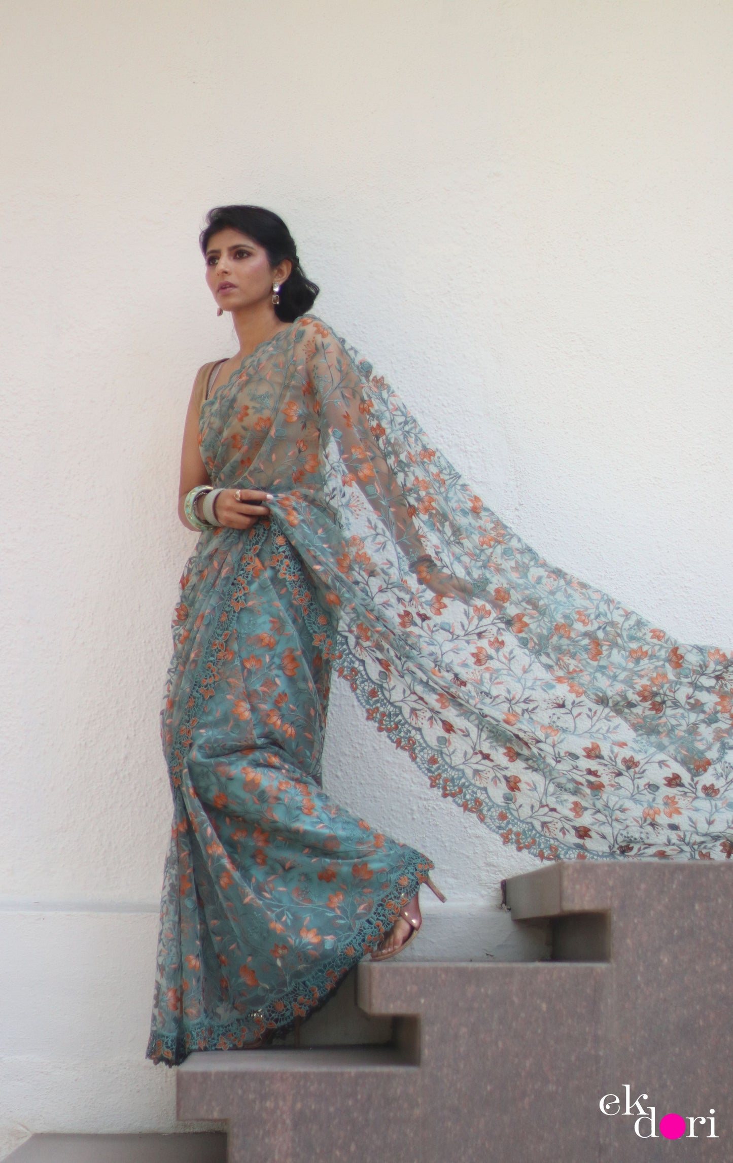 Buy Designer Net Saree : Powder Blue Floral Red Net Saree