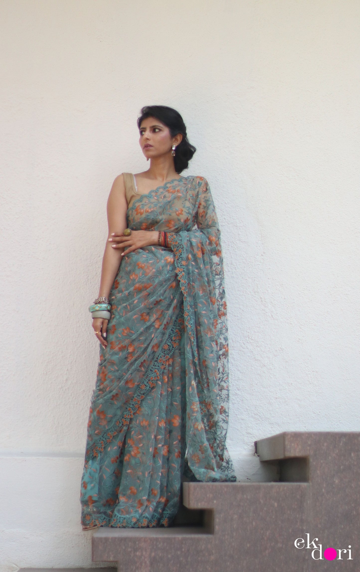 Buy Designer Net Saree : Powder Blue Floral Red Net Saree