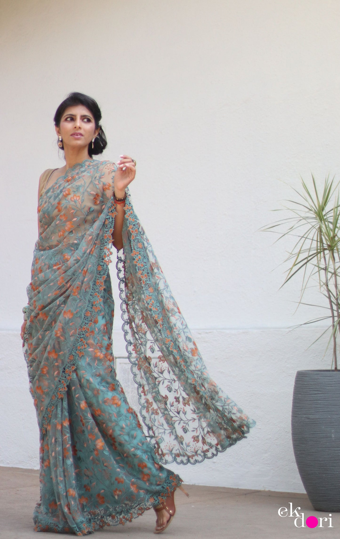 Buy Designer Net Saree : Powder Blue Floral Red Net Saree